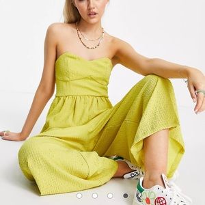 ASOS DESIGN textured bandeau jumpsuit in chartreuse. Size 2